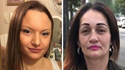 Sheryl Wilkins, 39, with long light brown hair and Carmenza Valencia-Trujillo, 54, in a black leather jacket with hoop earrings.