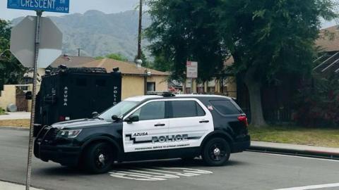 Azusa police in the neighbourhood where a man has been accused of tormenting residents with a slingshot