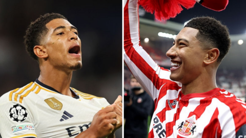 Split image of Jude Bellingham playing for Real Madrid and Jobe Bellingham celebrating while in Sunderland colours