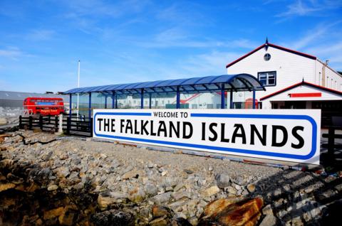 Welcome sign in Stanley, capital of the Falkland Islands