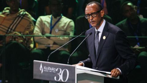 The President of Rwanda, Paul Kagame, speaks at a commemoration event at the BK arena during the start of 100 days of remembrance, as Rwanda commemorates the 30th anniversary of the Tutsi genocide, on April 7, 2024 in Kigali, Rwanda.