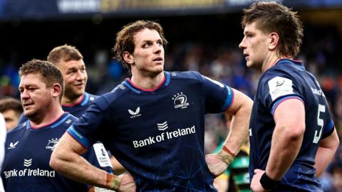 Tadhg Furlong, Ryan Baird and Joe McCarthy after Leinster held on to beat Northampton at Croke Park