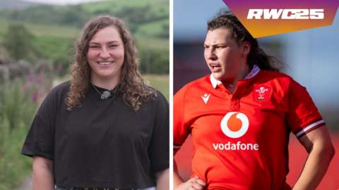 gwenllian pyrs on her farm and in her red welsh rugby kit