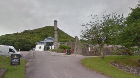 A picture of the entrance to Wheal Martyn museum. There is grass either side and a building in the distance.