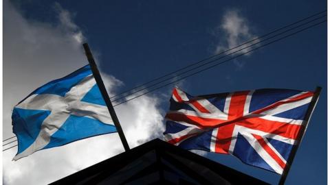 The Saltire and Union Flag flying next to each other