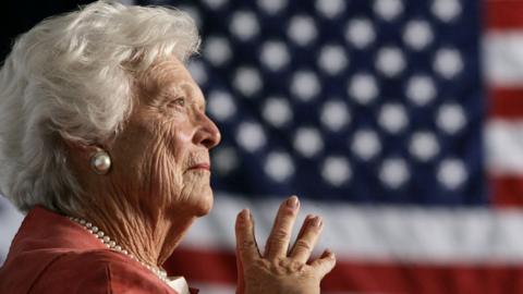 Barbara Bush listens to her son, George W Bush, as he speaks at an event on social security reform in Orlando, Florida March 18, 2005