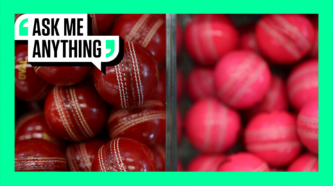 Boxes of red and pink cricket balls sit side by side.