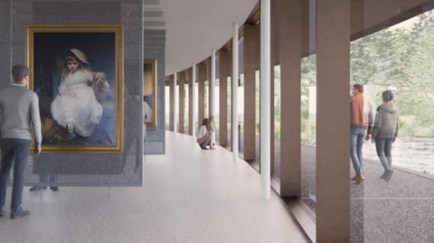An artist's impression of the gallery shows large, curved glass windows with large paintings hanging on several walls inside.