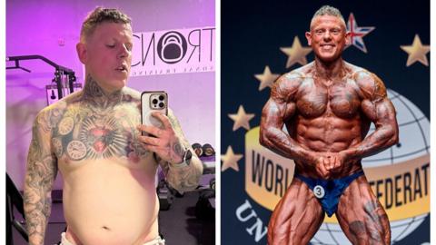 Composite of Robert taking a selfie of himself, apparently overweight, in a gym on the left with a picture on the right of him flexing his ripped muscles at a contest.