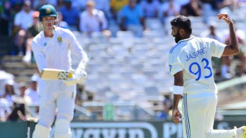 South Africa batter David Bedingham and India bowler Jasprit Bumrah in 2024