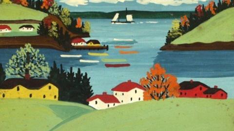 A late summer landscape with single boat by Maud Lewis