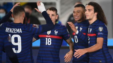 France celebrate Kylian Mbappe's goal in Finland