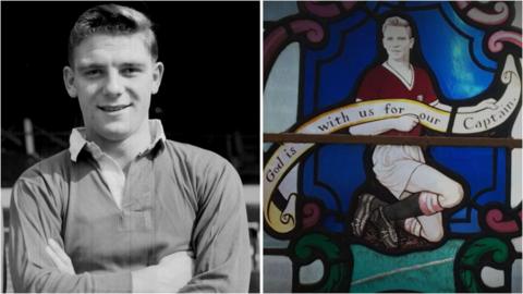 A split screen. The left image shows a black and white photo of a man in a football jersey with his arms crossed. The right hand side shows a stained glass window with a male footballer in a red jersey with the words "God is with us for our captain".