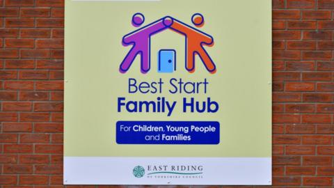 A yellow Family Hub sign with a graphic of two figures holding hands above a door with the words Best Start Family Hub beneath it