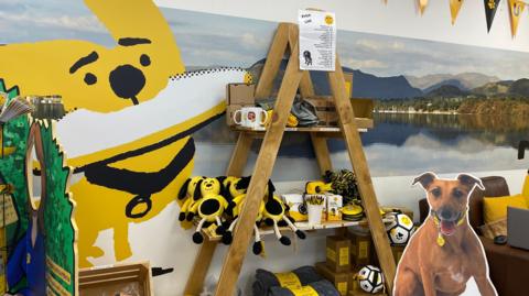 The walls of the dog hub are decorated with paintings of dogs and local landscapes. A cartoon cut out of a dog is placed next to a shelf with plush toys and mugs.