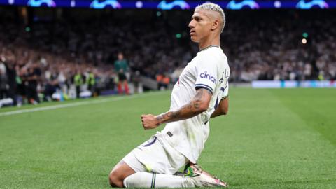 Tottenham's Richarlison celebrates scoring against Marseille in the Champions League