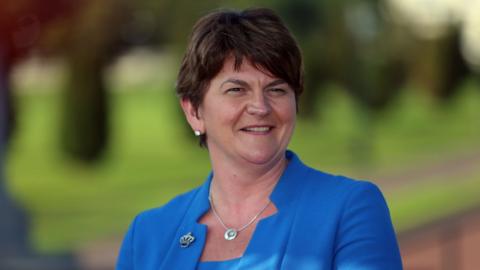 Arlene Foster speaking to the media in the grounds of Stormont's Parliament Buildings