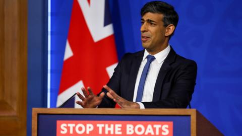 British Prime Minister Rishi Sunak speaks during a press conference at Downing Street on 22 April 2024 in London, England