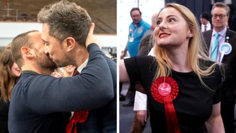 Newly elected Labour MPs Damien Egan and Gen Kitchen celebrate after winning their by-elections in Kingswood and Wellingborough