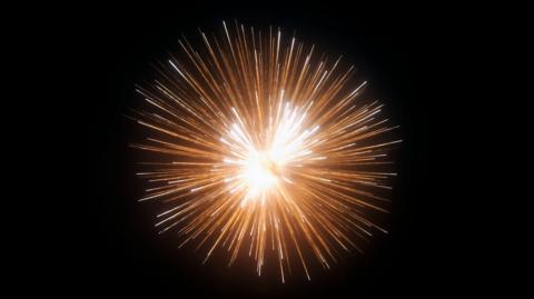 A yellow firework goes off against a pitch black sky.