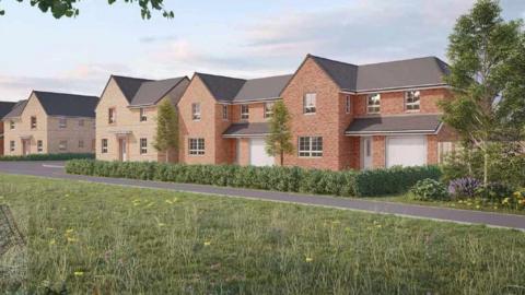 A CGI of how the new homes could look. It shows a row of new build two-storey brown-brick houses, some with garages. The near-identical homes are shown as large, with central entrances.