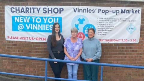 Deputy manager, Amanda Haddon, Catering Supervisor Jan Cruikshanks and centre manager Rebecca Stevenson-Read standing outside St Vincent's Centre building