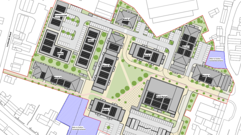 Architects drawings of the Leale's Yard site, including green areas of landscaping, seven blocks of flats alongside two office blocks and a food retail shop