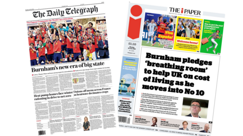 The headline on the front page of the Daily Telegraph reads: “Burnham heralds new era of big state”. The headline on the front page of the i Paper reads: “Burnham pledges 'breathing room' to help UK on cost of living as he moves into No 10”.