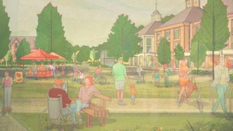 A  cartoon-style computer generated image showing people gathered on a green next to a town-hall style building.