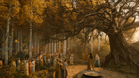 An autumnal-looking scene from Rings of Powers where elves gather around the Tree of Lindon, a large tree