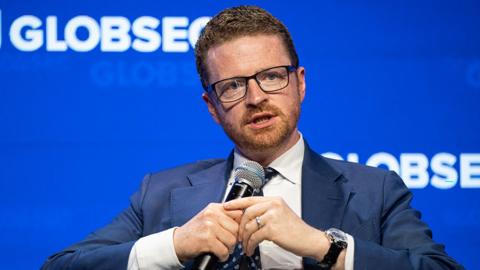 In this Handout photo provided by GLOBSEC, Morgan McSweeney, the former chief of staff to Keir Starmer, speaks on a panel titled "From Brussels to the Newsroom: Resilience Without Borders" at the GLOBSEC forum on May 22, 2026 in Prague, Czech Republic.