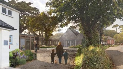 An artist's impression of how Leach Pottery will look after the restoration. It shows the exterior of a stone building which has a wood-clad single storey buildings running alongside it to a white building in the foreground. There is a woman holding hands with a child either side of her and a dog running between them walking across a small courtyard. There is a flowerbed next to the white house and a hedge and trees lining the road opposite. 