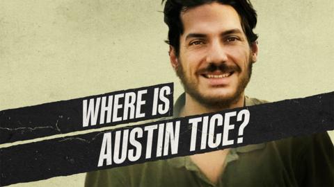 An image of a bearded man smiling at the camera. Text over him reads 'Where is Austin Tice?'