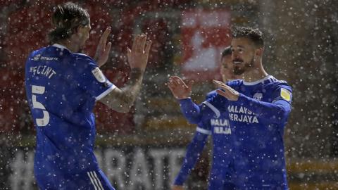 Joe Bennett celebrates goal