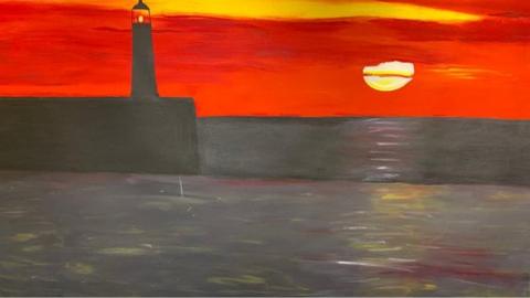 Part of a painting of a breakwater at sunset