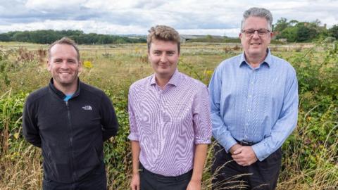 Cllr Ben Burton, Tom Howell and Tim Niblett at Frampton End farm