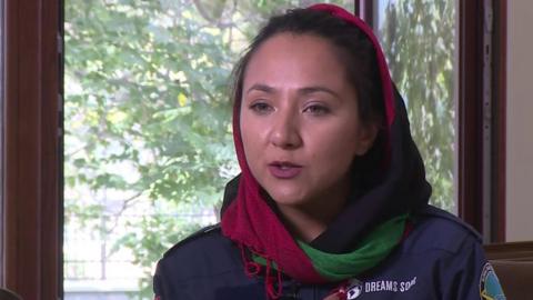 Shaesta Waiz talks to reporters in Kabul
