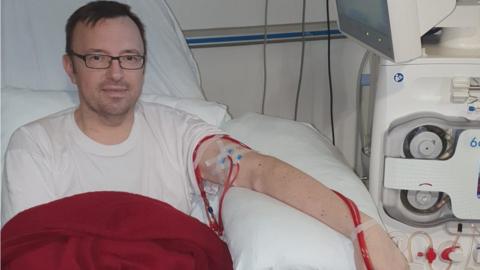 Stuart Rose hooked up to a haemodialysis machine