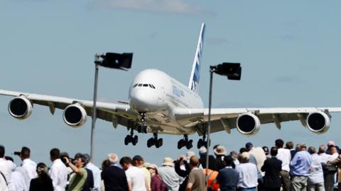 The Airbus A380 landing at Farnborough Airport in 2014
