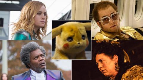 Clockwise from top left: Brie Larson in Captain Marvel, Detective Pikachu, Taron Egerton in Rocketman, Olivia Colman in The Favourite and Samuel L Jackson in Glass