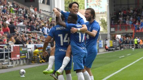 Koji Miyoshi celebrates his goal for Bimingham against Bristol City with his team-mates