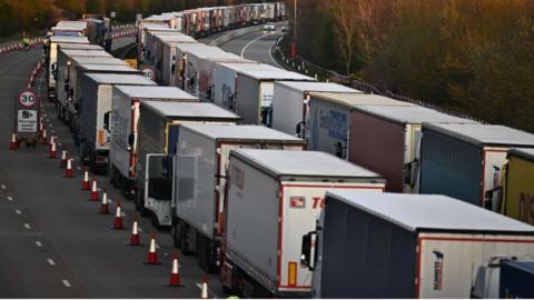 Queue of lorries heading towards Dover on 8 April 2022