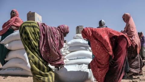 Women collect supplies brought by the World Food Programme at the Internally displaced person camp (IDP) of Farburo in Gode, near Kebri Dahar, southeastern Ethiopia