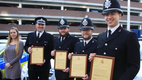 Investigating officer DC Natalie Backhouse with Supt Jonathan Baldwin, PC Andrew Bird, PC Stephen Gunshon and PC Matthew Cutts, who received commendations