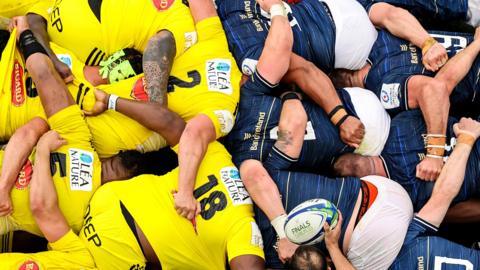 A scrum during the Heineken Champions Cup final between La Rochelle and Leinster