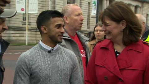 Juhel Miah meets Plaid Cymru leader Leanne Wood at the anti-racism event