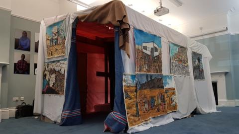 Tent with artwork