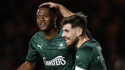 Jordan Garrick celebrates scoring Plymouth Argyle's opening goal