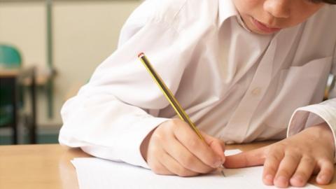 Schoolboy writing at a desk