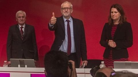 Jeremy Corbyn at the end of a debate on the conference floor